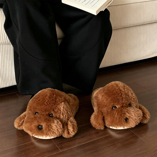 细细条萌趣泰迪小狗情侣棉拖鞋