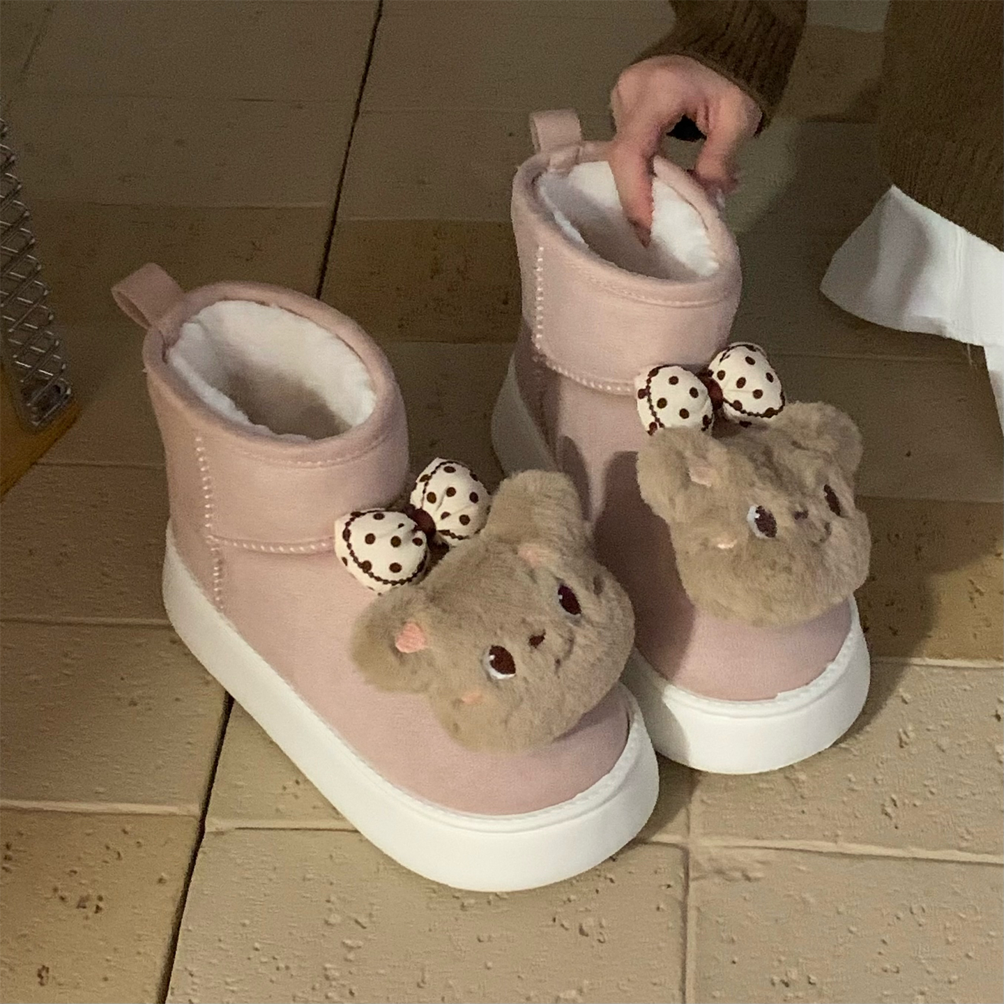 细细条女厚底甜美小熊东北棉靴