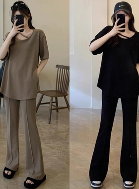 欧货大码微胖mm时尚套装女2025夏季短袖宽松洋气高腰喇叭裤两件套