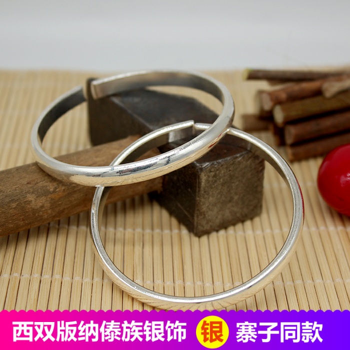 经典光面一对纯银手镯版纳傣族药银雪花足银女s999银饰手工制作