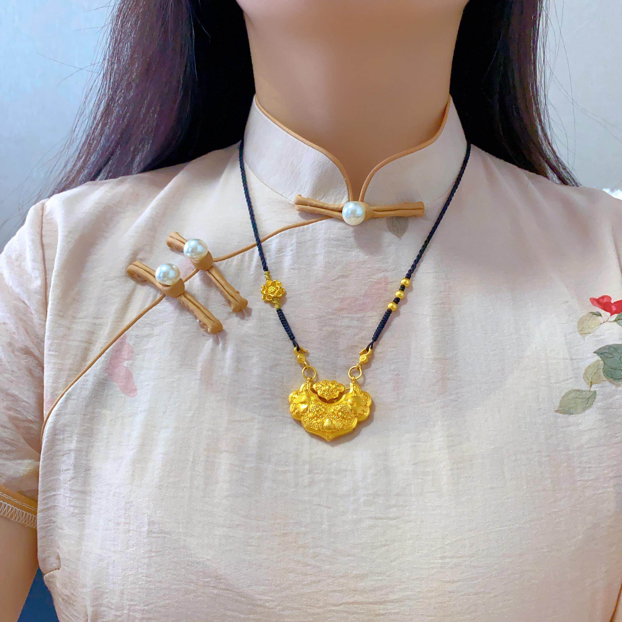 金包银吊坠女双鱼锦鲤锁配莲花绳平安锁中式百搭金锁包送女友礼物
