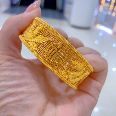 金包银手镯女镂空龙凤呈祥结婚三金双喜鸢尾花宽牡丹花手镯送妈妈