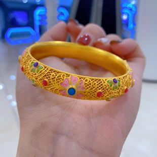 金包银手镯女珐琅彩镶嵌镂空花丝闭口厚壁中空镯子支持定制送老婆