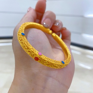 珐琅彩金包银手镯古法花丝轻奢镯子经典百搭方形镶嵌新款高级送礼