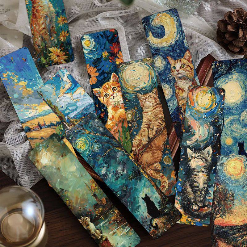 油画小猫书签复古学生儿童礼物阅读标记书页日记高颜值diy装饰用