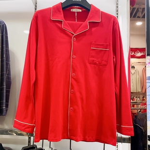 秋冬胜景情侣款纯棉长袖开衫家居服大红本命年全棉居家睡衣套装