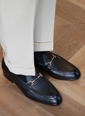 壹植新款黑色压纹皮马衔扣乐福男士一脚蹬皮鞋休闲雅致牛皮舒适