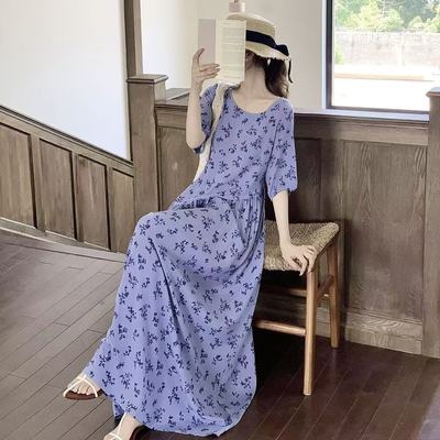 夏天女棉绸凉感宽松家居服加长款到脚裸人造棉睡裙可外穿薄款裙子