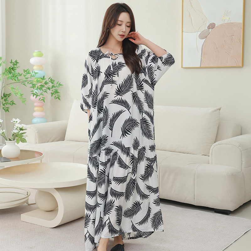 新款夏季女士全棉双口袋加大加肥中袖度假长裙旅游沙滩裙外穿睡裙