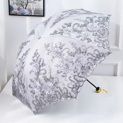高档遮阳伞双层蕾丝太阳伞女防晒防紫外线刺绣黑胶三折晴雨两用伞
