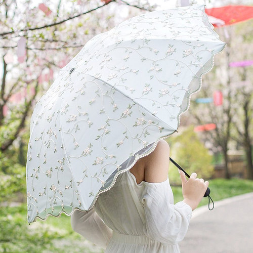 2025防紫外线刺绣太阳伞女防晒双层蕾丝黑胶遮阳清新晴雨两用新款