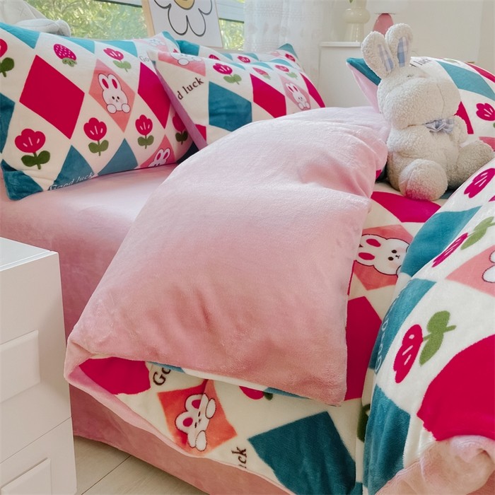 a类小清新牛奶绒印花卡通法莱绒床单被套枕套床笠床上四件套