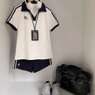 学院风绀白体操服套装女校供感拼色短袖polo衫刺绣卫裤制服夏季