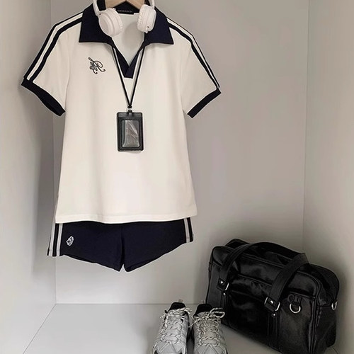 学院风绀白体操服套装女校供感拼色短袖polo衫刺绣卫裤制服夏季