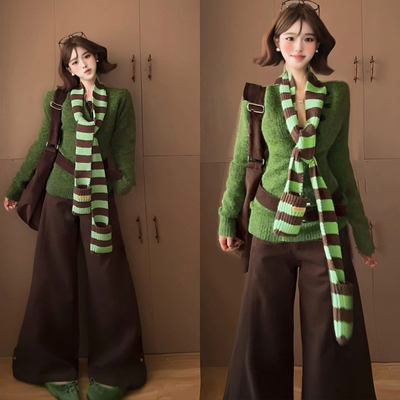 韩系复古百搭绿色套头针织开衫