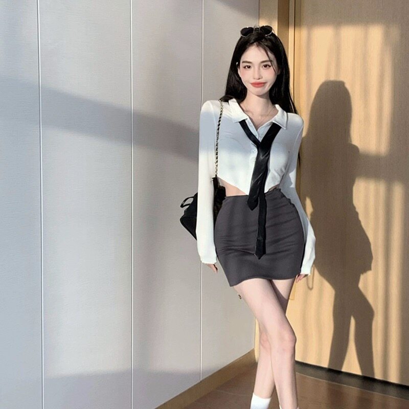 套装纯欲收腰长袖衬衫女辣妹修身显瘦百搭上衣性感紧身半身包臀裙