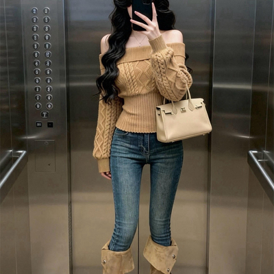 辣妹一字肩长袖毛衣女秋冬内搭