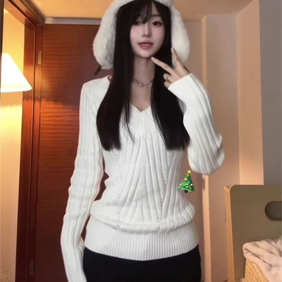 韩系白色v领麻花慵懒长袖毛针织衫女秋冬修身显瘦内搭毛衣打底衫
