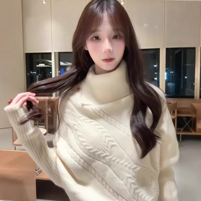 法式白色翻领毛衣女秋冬不规则打底蝙蝠袖斗篷针织衫内搭上衣新款