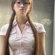 韩系粉色口袋掐腰修身显瘦短袖复古衬衫女收腰辣妹气质上衣潮夏季