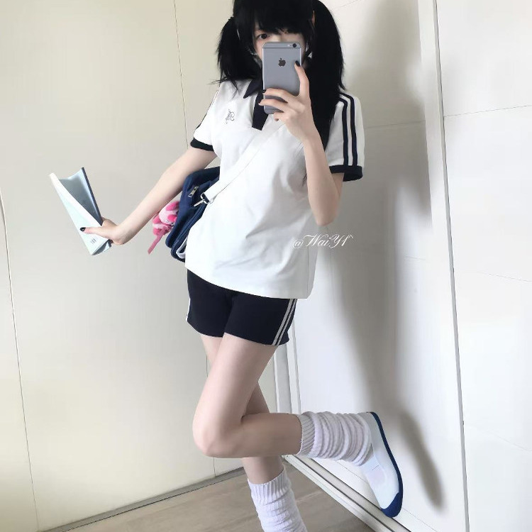 原创polo衫上衣女学院风休闲运动简约刺绣短裤体操服校供套装夏季