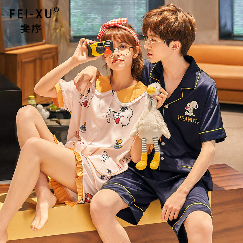 3情侣睡衣女春夏季仿真丝绸薄款短袖可爱夏天冰丝家居服男士套装
