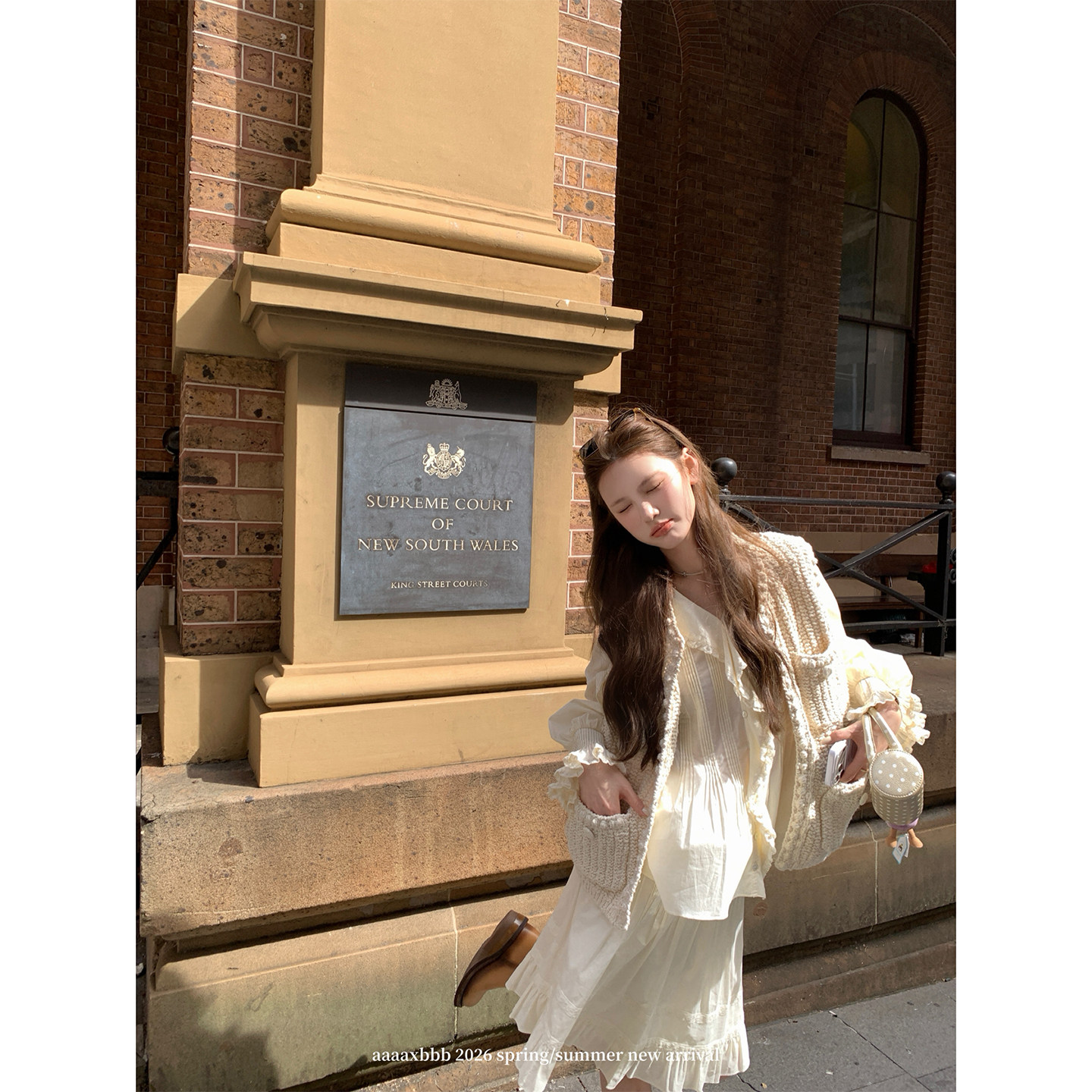 aaaaxbbb 冷调晚香玉 花边抓襟V领衬衫纯棉半身裙针织马甲三件套