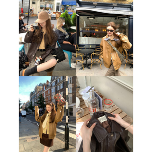 aaaaxbbb 蒸汽列车 复古宽松翻领皮衣高级感韩系慵懒外套百搭女秋