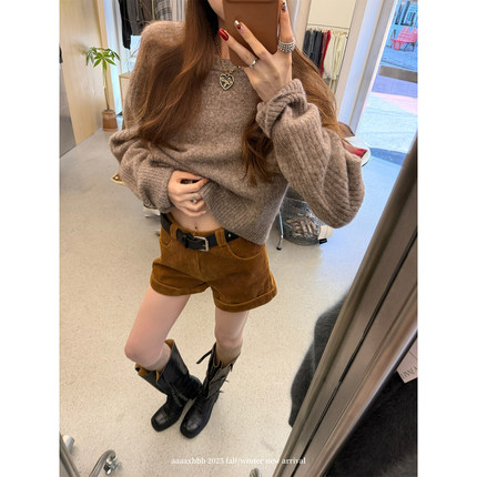 aaaaxbbb 科隆暖雪 两色灯芯绒短裤卷边设计百搭新款冬外穿裤子女