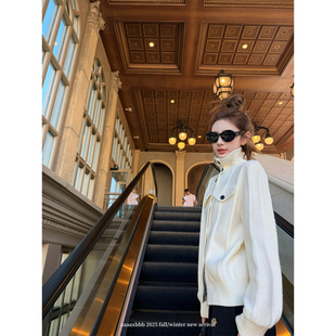 aaaaxbbb 凯拉尔 设计感高领纽扣针织开衫立领长袖上衣外套女秋冬