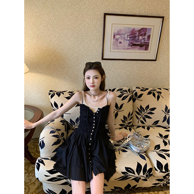 aaaaxbbb单排扣吊带连衣裙