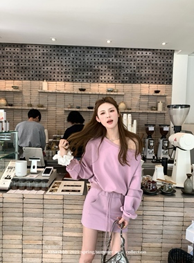 aaaaxbbb 比弗利weekend 斜肩卫衣套装设计感上衣休闲系带短裙女