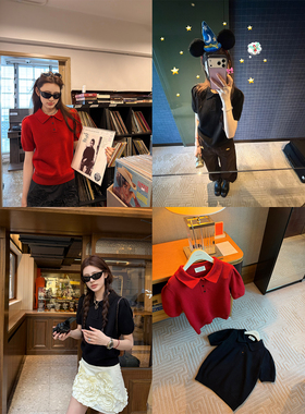 aaaaxbbb 郁雪松山 黑红两色羊毛短袖上衣女时髦百搭针织毛衣打底