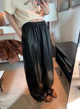 aaaaaxbbb俄勒冈瀑布 黄色黑色拖地皮裤女宽松加长显瘦休闲裤