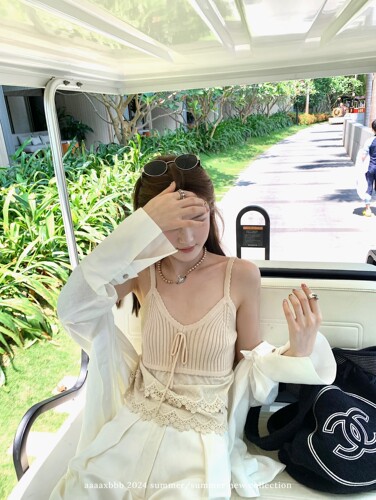 aaaaxbbb双层花边针织系带背心
