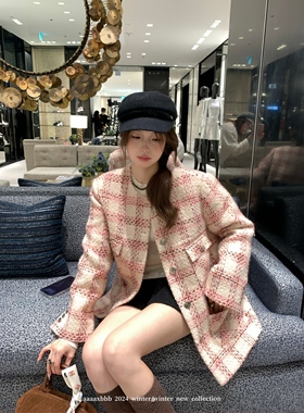 aaaaxbbb Pink venom 格纹羊毛小香风外套加厚宽松圆领羽绒服女冬