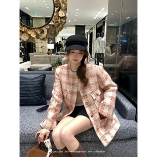 格纹羊毛小香风外套加厚宽松圆领羽绒服女冬 venom aaaaxbbb Pink