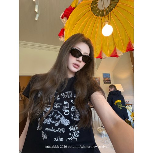 aaaaxbbb 小咪拼贴日记 刺绣正肩短袖T恤设计感小众圆领棉感上衣