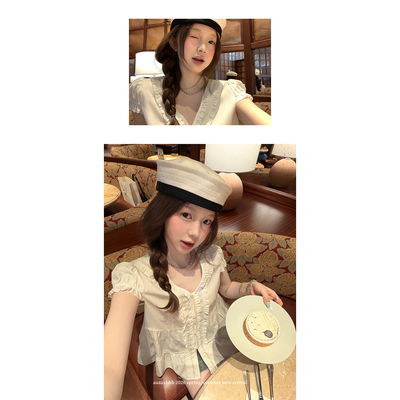 aaaaxbbb100莱赛尔泡泡袖V领衬衫