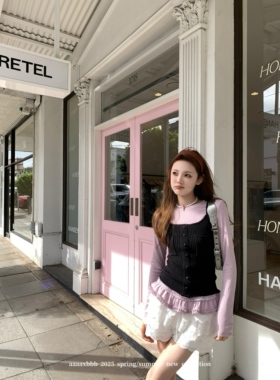 aaaaxbbb 奎尔瓦区 两色花边下摆吊带打底针织套装无袖背心上衣女