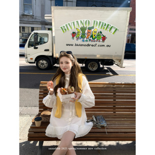 aaaaxbbb 西西里盐雾 两色棉质木耳边衬衫裙长款宽松气质连衣裙秋