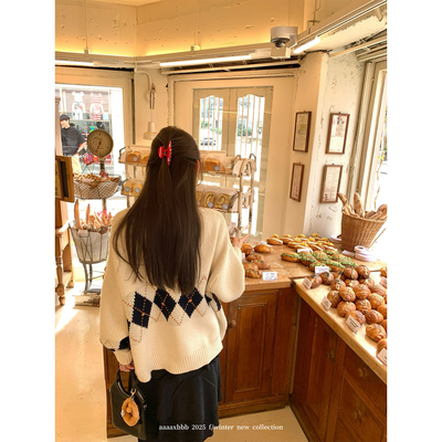 aaaaxbbb菱格针织开衫V领百搭