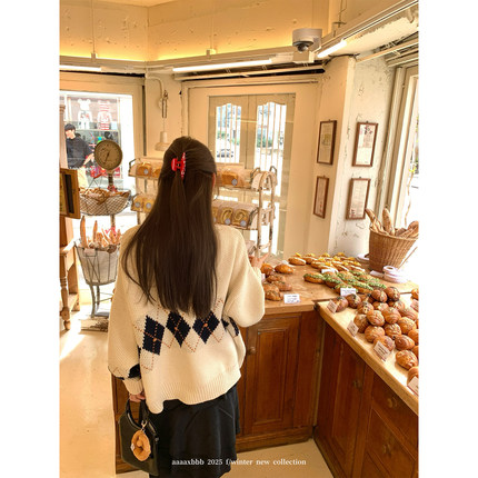 aaaaxbbb 离岸岛风 两色菱格针织开衫V领百搭慵懒风毛衣外套秋冬