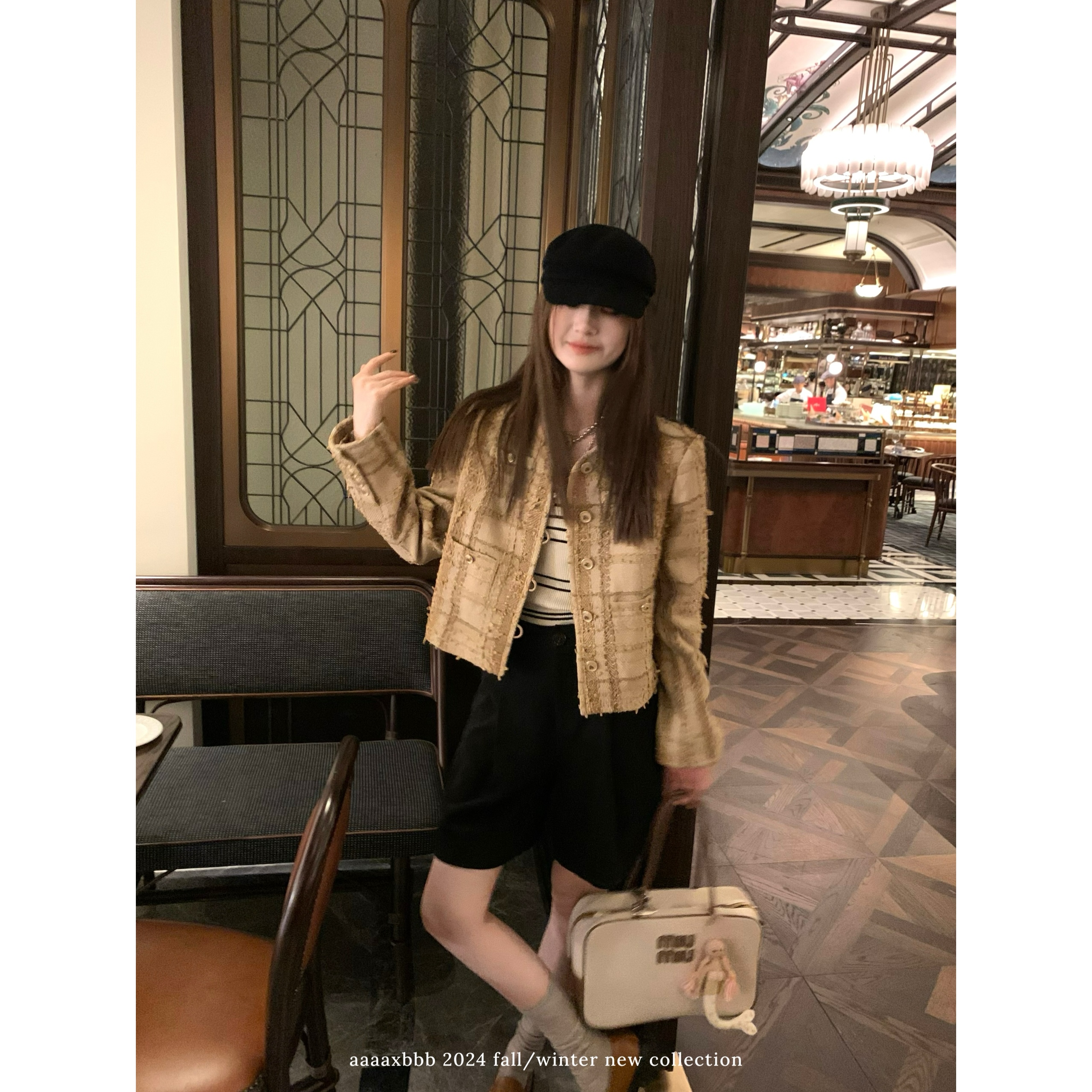 aaaaxbbb格纹小香风外套垫肩上衣