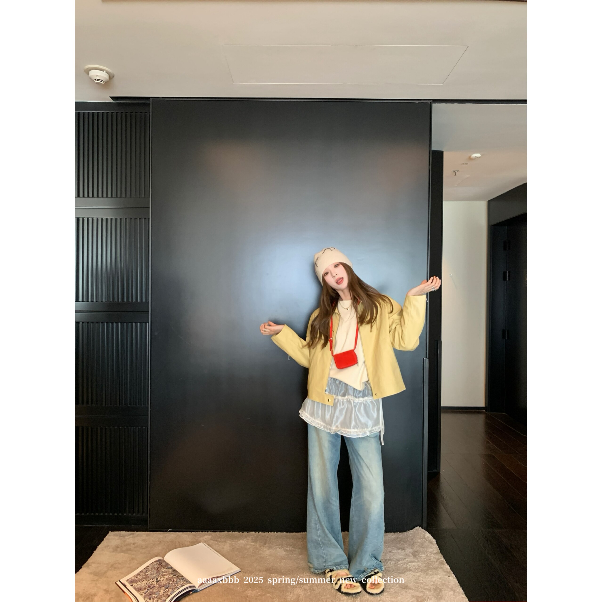 aaaaxbbb 加纳牧记 纯棉做旧水洗阔腿牛仔裤女磨破宽松休闲直筒裤