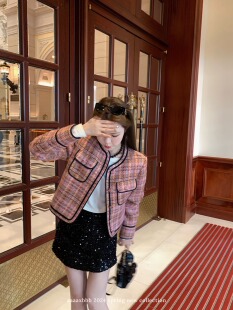 aaaaxbbb 半冷西海岛 粉棕格纹羊毛小香风外套女短款气质上衣