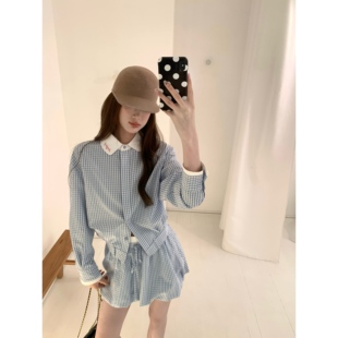aaaaxbbb 冷调锡蓝 蓝格子套装翻领衬衫花苞裙短裙撞色系带上衣女