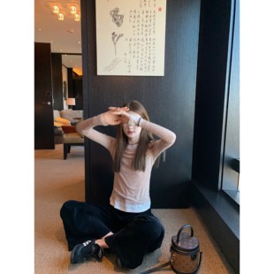 Happy 百搭长袖 hour 女撞色圆领修身 内搭 软糯拼接打底衫 aaaaxbbb