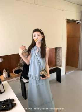 aaaaxbbb 冰山法则 花边系带蓝色套装女背心无袖上衣松紧半身长裙