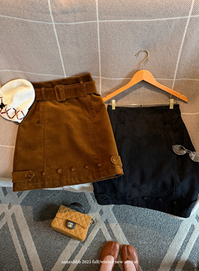 aaaaxbbb 热红酒 两色复古麂皮腰带中裙设计感纽扣直筒半身裙秋冬